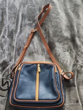 Valentina Navy Pebbled Leather Crossbody with Tan Accents